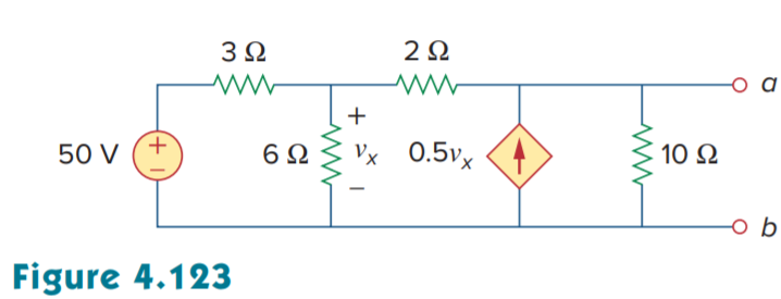 3Ω
2Ω
+
+,
50 V
6Ω
Vx 0.5vx
10 2
Figure 4.123
