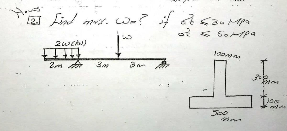 Hows
12J Find max. W=? it of 530 Mpa
i4 6t530 Mpa
い
J00mm
2m An
300
やル
mm
500
