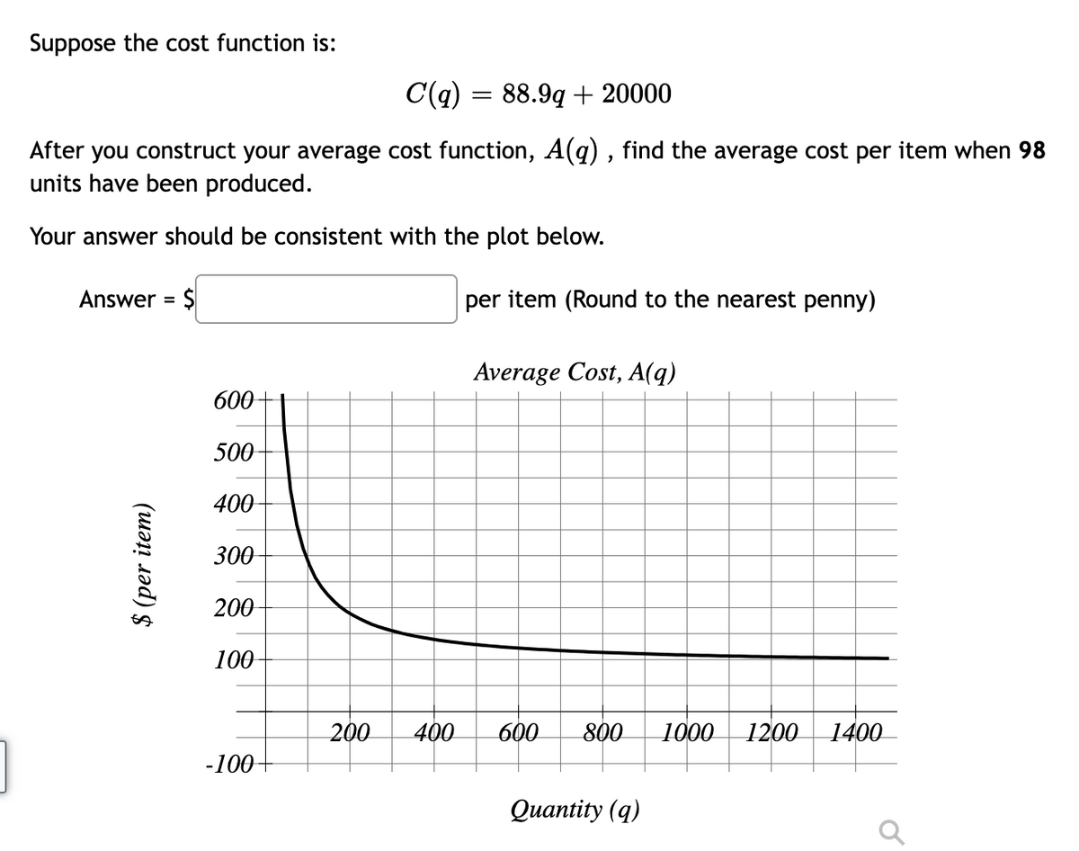Suppose the cost function is:
C(q) = 88.9q + 20000
After you construct your average cost function, A(q) , find the average cost per item when 98
units have been produced.
Your answer should be consistent with the plot below.
Answer
per item (Round to the nearest penny)
%3D
Average Cost, A(q)
600-
500
400
300
200
100
200
400
600
800
1000
1200
1400
-100-
Оuаntity (q)
$ (per item)
