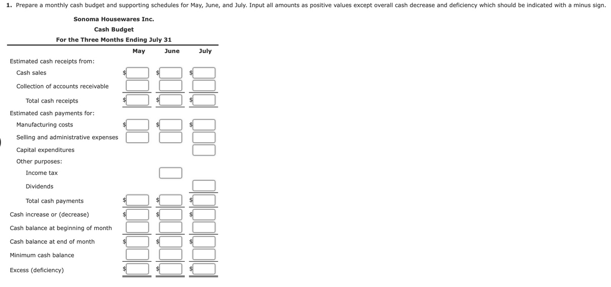 1. Prepare a monthly cash budget and supporting schedules for May, June, and July. Input all amounts as positive values except overall cash decrease and deficiency which should be indicated with a minus sign.
Sonoma Housewares Inc.
Cash Budget
For the Three Months Ending July 31
May
June
July
Estimated cash receipts from:
Cash sales
Collection of accounts receivable
Total cash receipts
Estimated cash payments for:
Manufacturing costs
Selling and administrative expenses
Capital expenditures
Other purposes:
Income tax
Dividends
Total cash payments
Cash increase or (decrease)
Cash balance at beginning of month
Cash balance at end of month
Minimum cash balance
Excess (deficiency)
