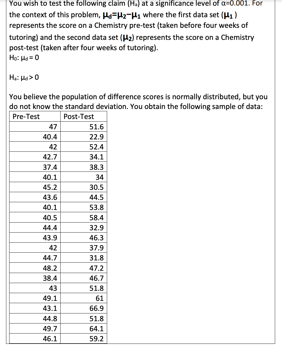 You wish to test the following claim (Ha) at a significance level of a=0.001. For
the context of this problem, µd=µ2-µ1 where the first data set (µ1)
represents the score on a Chemistry pre-test (taken before four weeks of
tutoring) and the second data set (H2) represents the score on a Chemistry
post-test (taken after four weeks of tutoring).
Ho: Hd = 0
Ha: Hd > 0
You believe the population of difference scores is normally distributed, but you
do not know the standard deviation. You obtain the following sample of data:
Pre-Test
Post-Test
47
51.6
40.4
22.9
42
52.4
42.7
34.1
37.4
38.3
40.1
34
45.2
30.5
43.6
44.5
40.1
53.8
40.5
58.4
44.4
32.9
43.9
46.3
42
37.9
44.7
31.8
48.2
47.2
38.4
46.7
43
51.8
49.1
61
43.1
66.9
44.8
51.8
49.7
64.1
46.1
59.2
