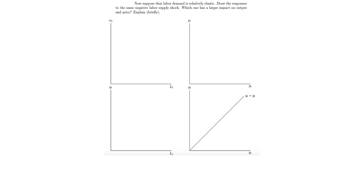 Now suppose that labor demand is relatively elastic. Draw the responses
to the same negative labor supply shock. Which one has a larger impact on output
and price? Explain (briefly).
Pt
Yt
Lt
