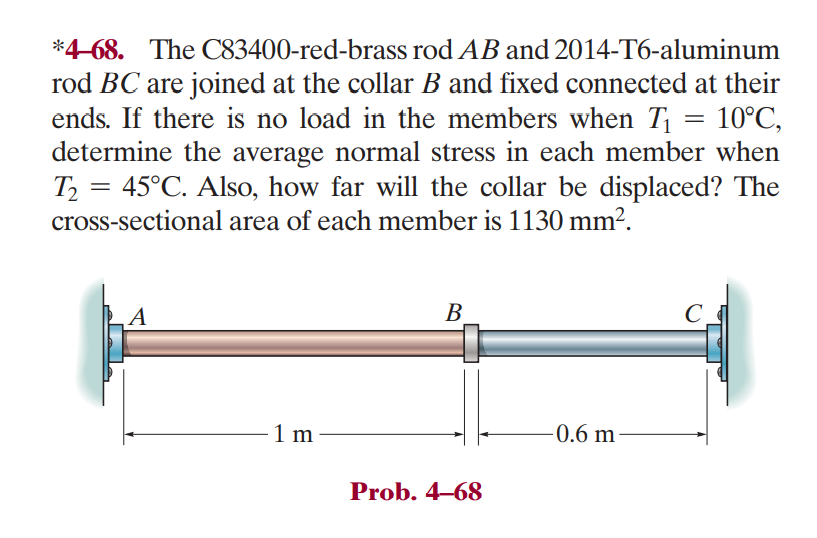 *4-68. The C83400-red-brass rod AB and 2014-T6-aluminum
rod BC are joined at the collar B and fixed connected at their
ends. If there is no load in the members when T₁ = 10°C,
determine the average normal stress in each member when
T₂ = 45°C. Also, how far will the collar be displaced? The
cross-sectional area of each member is 1130 mm².
A
- 1 m
B
Prob. 4-68
-0.6 m