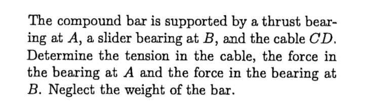 The compound bar is supported by a thrust bear-
ing at A, a slider bearing at B, and the cable CD.
Determine the tension in the cable, the force in
the bearing at A and the force in the bearing at
B. Neglect the weight of the bar.
