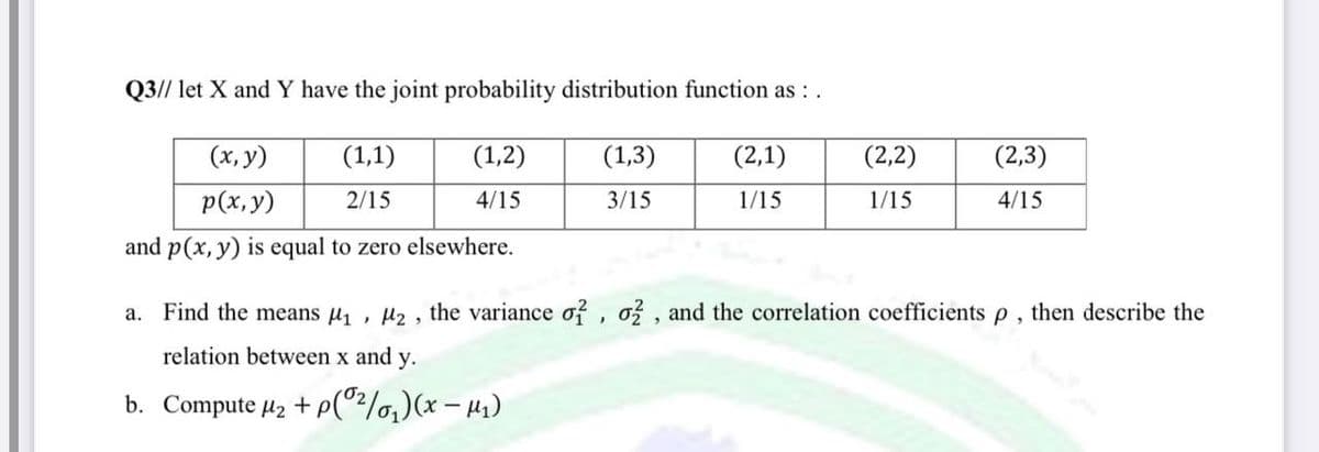 Q3// let X and Y have the joint probability distribution function as : .
(x, y)
(1,1)
(1,2)
(1,3)
p(x,y)
2/15
4/15
3/15
and p(x, y) is equal to zero elsewhere.
(2,1)
1/15
(2,2)
1/15
(2,3)
4/15
a. Find the means μ₁, ₂, the variance of, o2, and the correlation coefficients p, then describe the
relation between x and y.
b. Compute μ₂ + p(0²/0₁)(x-μ₁)