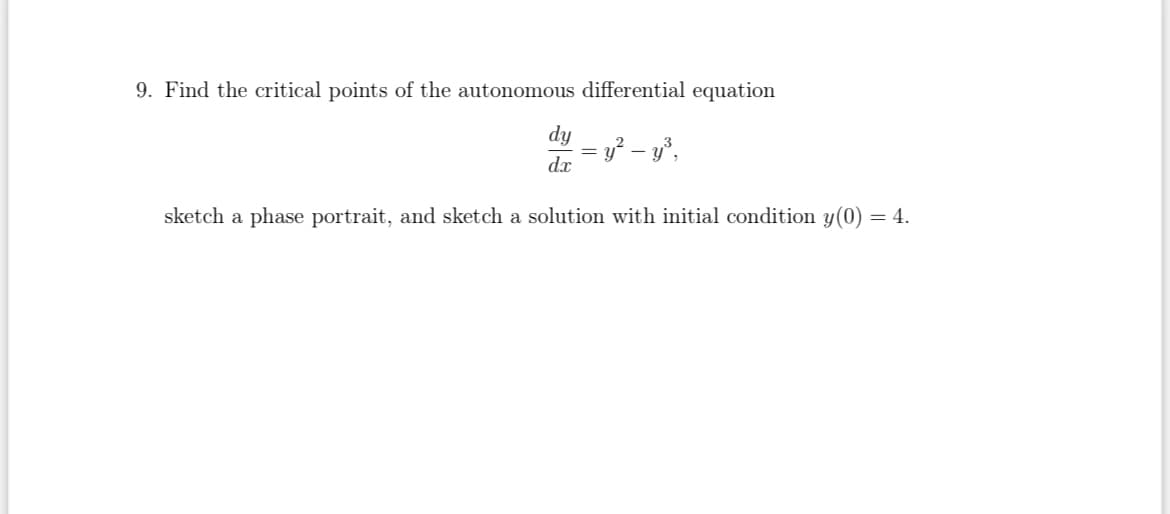 9. Find the critical points of the autonomous differential equation
dy
= y² – y",
dx
sketch a phase portrait, and sketch a solution with initial condition y(0) = 4.
