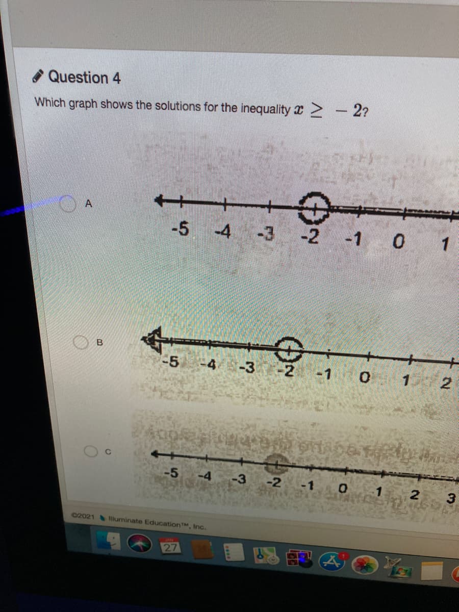 O Question 4
Which graph shows the solutions for the inequality - 2?
A.
-5 -4
-3
-2 -1 0 1
B
5 -4/-3 -2 -1 0 1
2
C
-5 -4
-3
-2 -1 0
1 2
3
02021
lluminate EducationTM, Inc.
27
