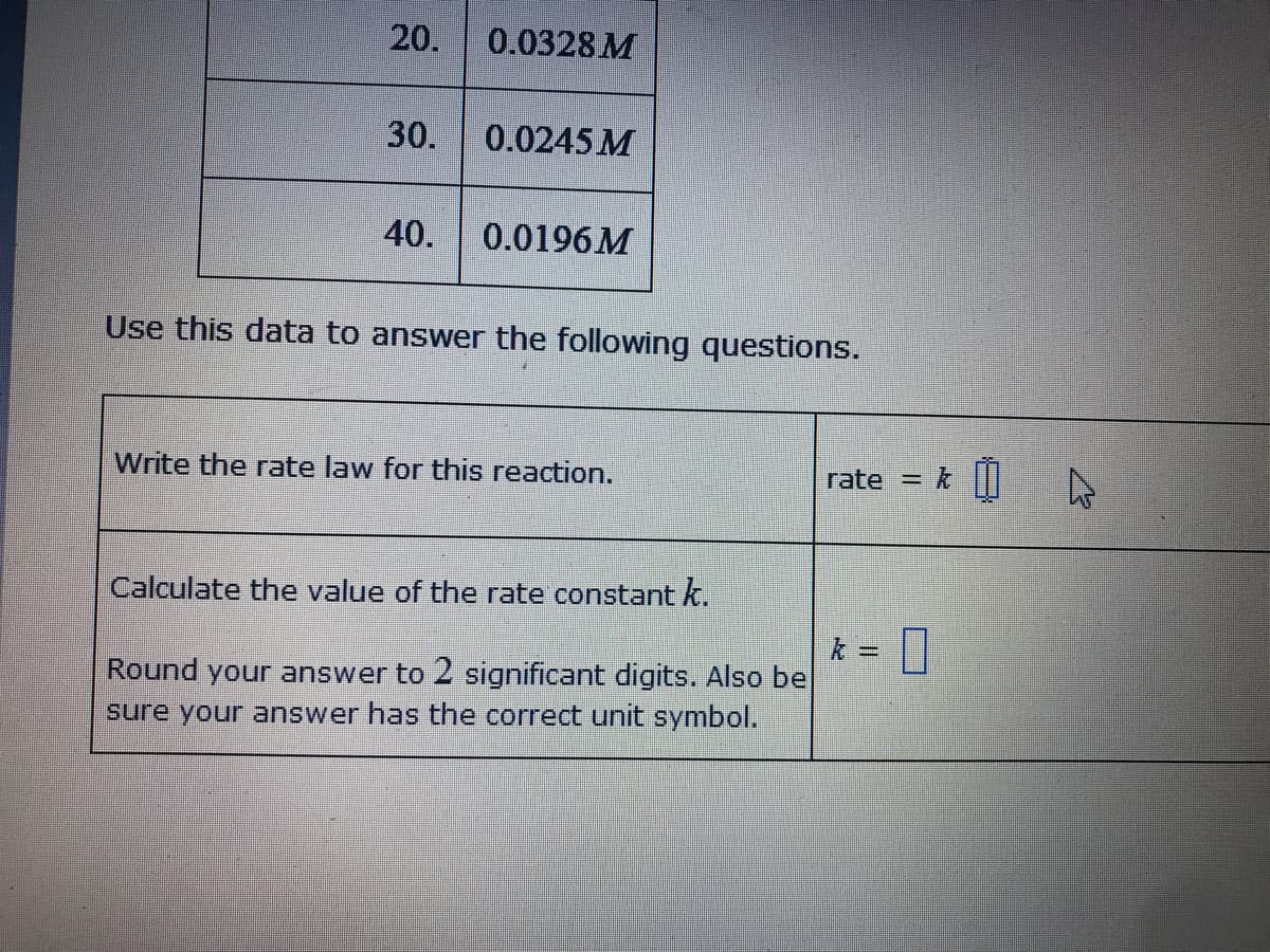 20.
0.0328 M
30.
0.0245 M
40.
0.0196M
Use this data to answer the following questions.
Write the rate law for this reaction.
rate = k|
%3D
Calculate the value of the rate constant k.
k%3D
Round your answer to 2 significant digits. Also be
sure your answer has the correct unit symbol.
