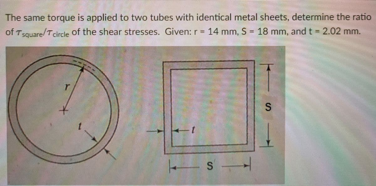 The same torque is applied to two tubes with identical metal sheets, determine the ratio
of Tsquare/Tcircle of the shear stresses. Given: r = 14 mm, S 18 mm, and t = 2.02 mm.
