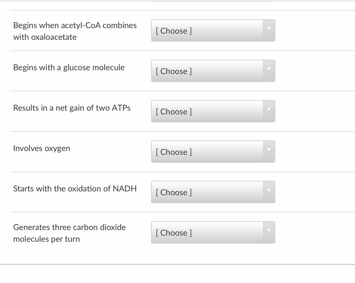 Begins when acetyl-CoA combines
[ Choose ]
with oxaloacetate
Begins with a glucose molecule
[ Choose ]
Results in a net gain of two ATPS
[ Choose ]
Involves oxygen
[ Choose ]
Starts with the oxidation of NADH
[ Choose ]
Generates three carbon dioxide
[ Choose ]
molecules per turn
