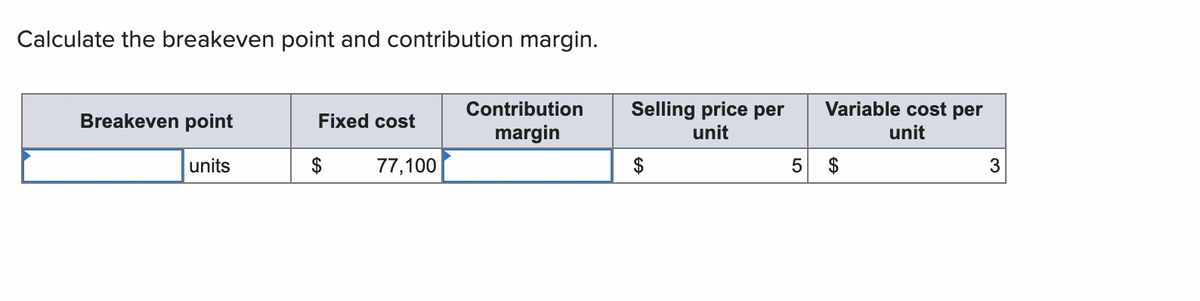 Calculate the breakeven point and contribution margin.
Breakeven point
units
Fixed cost
$ 77,100
Contribution
margin
Selling price per
unit
$
Variable cost per
unit
5 $
3