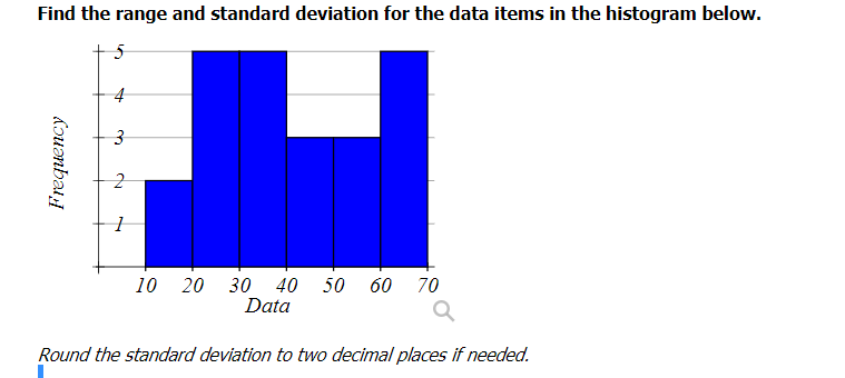 Find the range and standard deviation for the data items in the histogram below.
10
20
30 40
Data
50
60 70
Round the standard deviation to two decimal places if needed.
3.
AUmbat
