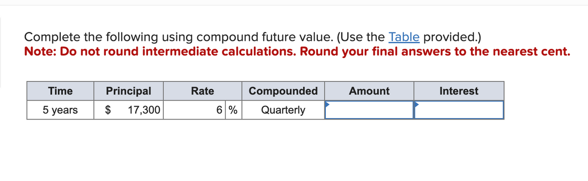 Complete the following using compound future value. (Use the Table provided.)
Note: Do not round intermediate calculations. Round your final answers to the nearest cent.
Time
5 years
Principal
$ 17,300
Rate
Compounded
6 % Quarterly
Amount
Interest