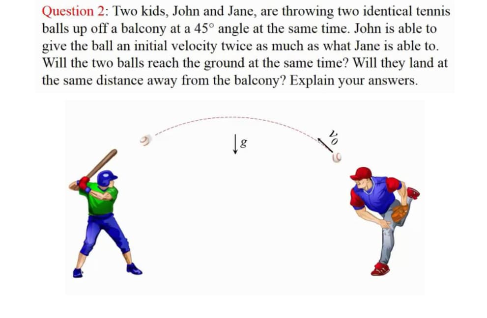 Question 2: Two kids, John and Jane, are throwing two identical tennis
balls up off a balcony at a 45° angle at the same time. John is able to
give the ball an initial velocity twice as much as what Jane is able to.
Will the two balls reach the ground at the same time? Will they land at
the same distance away from the balcony? Explain your answers.
