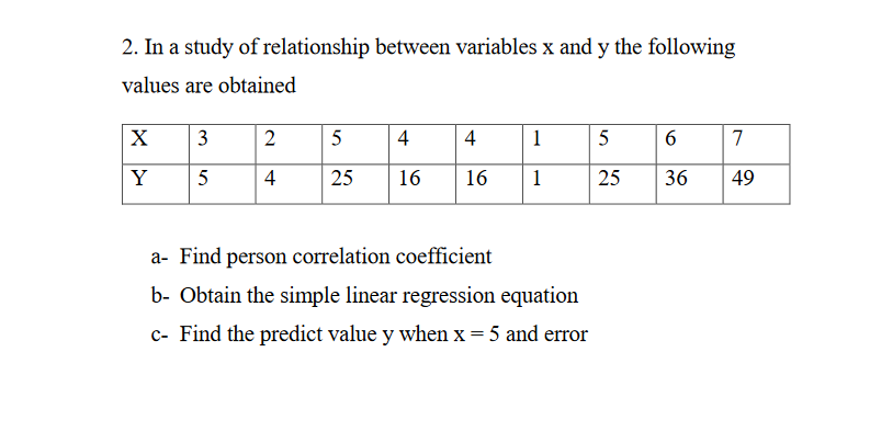 2. In a study of relationship between variables x and y the following
values are obtained
X
3
|2
5
4
4
1
5
6
7
Y
5
4
25
16
16
1
25
36
49
a- Find person correlation coefficient
b- Obtain the simple linear regression equation
c- Find the predict value y when x= 5 and error
