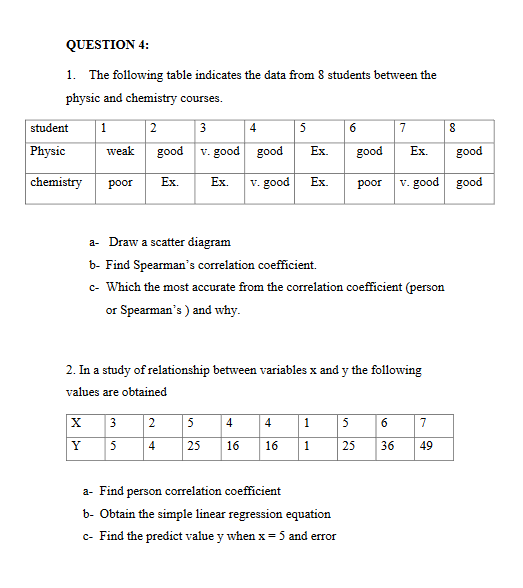 1. The following table indicates the data from 8 students between the
physic and chemistry courses.
|1 2
3
student
4
7
Physic
good v. good good
Ex.
Ex.
weak
good
good
chemistry
Ex.
V. good
v. good good
poor
Ex.
Ex.
рoor
a- Draw a scatter diagram
b- Find Spearman's correlation coefficient.
c- Which the most accurate from the correlation coefficient (person
or Spearman's ) and why.
00
