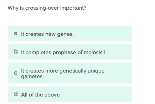 Why is crossing-over important?
a It creates new genes.
b It completes prophase of meiosis I.
It creates more genetically unique
gametes.
d All of the above
