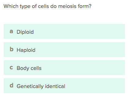 Which type of cells do meiosis form?
a Diploid
b Haploid
C Body cells
d Genetically identical
