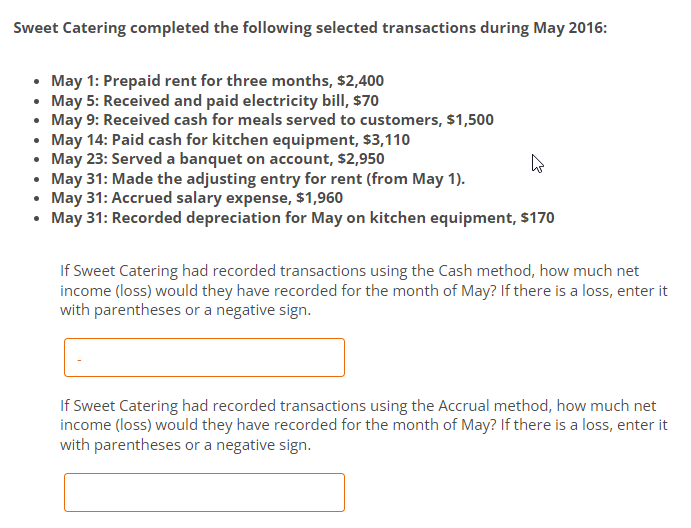 Sweet Catering completed the following selected transactions during May 2016:
• May 1: Prepaid rent for three months, $2,400
• May 5: Received and paid electricity bill, $70
• May 9: Received cash for meals served to customers, $1,500
• May 14: Paid cash for kitchen equipment, $3,110
• May 23: Served a banquet on account, $2,950
4
• May 31: Made the adjusting entry for rent (from May 1).
• May 31: Accrued salary expense, $1,960
• May 31: Recorded depreciation for May on kitchen equipment, $170
If Sweet Catering had recorded transactions using the Cash method, how much net
income (loss) would they have recorded for the month of May? If there is a loss, enter it
with parentheses or a negative sign.
If Sweet Catering had recorded transactions using the Accrual method, how much net
income (loss) would they have recorded for the month of May? If there is a loss, enter it
with parentheses or a negative sign.