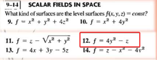 9-14 SCALAR FIELDS IN SPACE
What kind of surfaces are the level surfaces f(x, y, z) = const?
9. f = x² + y² + 4z² 10. f = x² + 4y²
11. f = -√x² + y²
13. f= 4x + 3y - 5z
12. f = 4y²-
14. f = z
