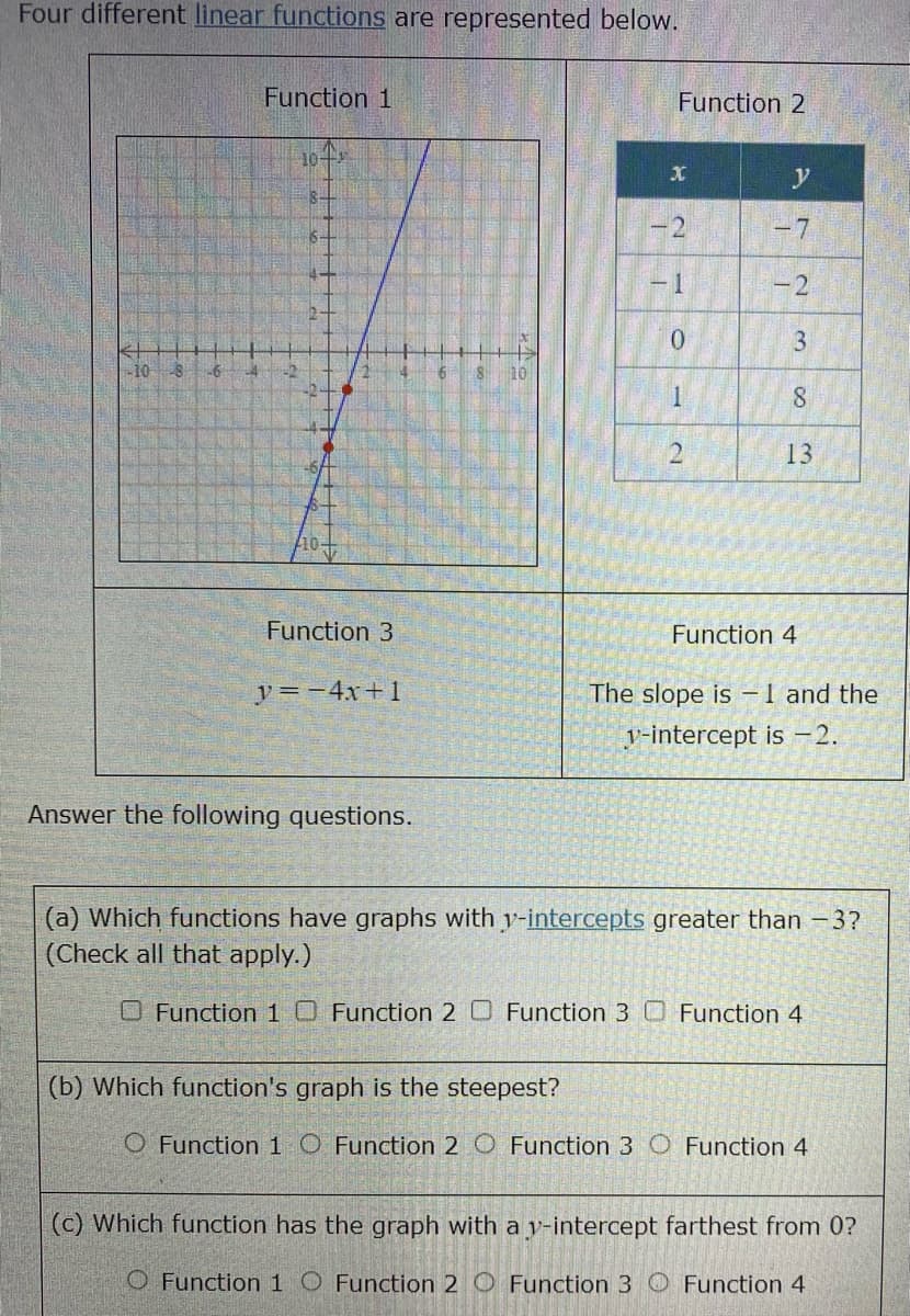 Four different linear functions are represented below.
Function 1
Function 2
10-
y
8-
6-
-2
-7
- 1
-2
0.
-10
-6
-4
8.
13
Function 3
Function 4
y=-4x+1
The slope is -1 and the
y-intercept is -2.
Answer the following questions.
(a) Which functions have graphs with y-intercepts greater than -3?
(Check all that apply.)
O Function 1 O Function 2O Function 3O Function 4
(b) Which function's graph is the steepest?
O Function 1 O Function 2 O Function 3 O Function 4
(c) Which function has the graph with a y-intercept farthest from 0?
O Function 1 O Function 2 O Function 3 O Function 4
