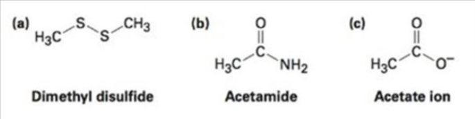 (b)
(a)
H3C
CH3
(c)
H3C
`NH2
H3C
Dimethyl disulfide
Acetamide
Acetate ion
