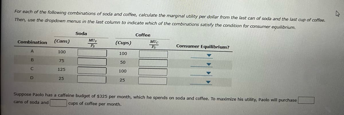 For each of the following combinations of soda and coffee, calculate the marginal utility per dollar from the last can of soda and the last cup of coffee.
Then, use the dropdown menus in the last column to indicate which of the combinations satisfy the condition for consumer equilibrium.
Soda
Coffee
Combination
(Cans)
MUS
(Cups)
MUC
Pe
Ps
Consumer Equilibrium?
100
100
75
50
C
125
100
25
25
Suppose Paolo has a caffeine budget of $325 per month, which he spends on soda and coffee. To maximize his utility, Paolo will purchase
cans of soda and
cups of coffee per month.
