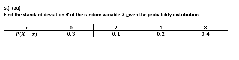 5.) (20)
Find the standard deviation o of the random variable X given the probability distribution
2
4
0.2
8
P(X = x)
0.1
0.4
0.3
