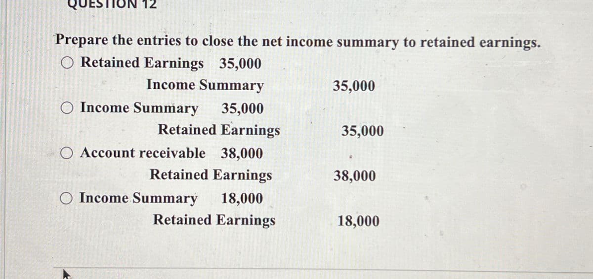 12
Prepare the entries to close the net income summary to retained earnings.
O Retained Earnings 35,000
Income Summary
35,000
O Income Summary
35,000
Retained Earnings
35,000
Account receivable
38,000
Retained Earnings
38,000
O Income Summary
18,000
Retained Earnings
18,000