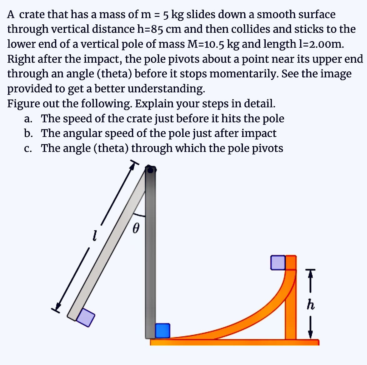 A crate that has a mass of m = 5 kg slides down a smooth surface
through vertical distance h=85 cm and then collides and sticks to the
lower end of a vertical pole of mass M-10.5 kg and length 1-2.00m.
Right after the impact, the pole pivots about a point near its upper end
through an angle (theta) before it stops momentarily. See the image
provided to get a better understanding.
Figure out the following. Explain your steps in detail.
a. The speed of the crate just before it hits the pole
b. The angular speed of the pole just after impact
c. The angle (theta) through which the pole pivots
0
A
TR
h