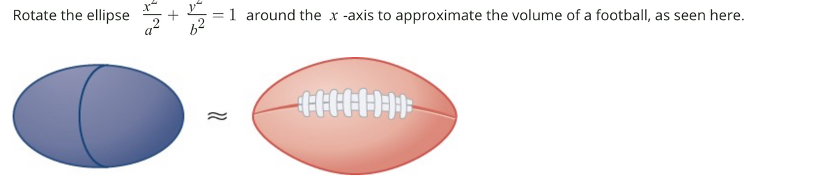 Rotate the ellipse 5+5
-1 around the x -axis to approximate the volume of a football, as seen here.
