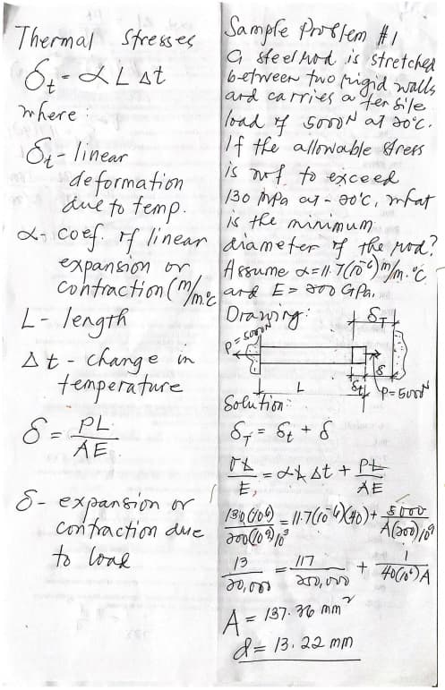 Thermal Stresses Sample Proelem #i
a steel hod is stretched
6-メLat
6-etween fwo Migid walls
ard carries a fer Sile
load 4 sonN at Jö°c.
/f he allowable frees
is uf to exceed
130 MPa ay-ə0'c, mfat
is the minimum
d- Coef. H linear aiameter f the pod?
where
O-linear
de formation
due to temp.
expansion or
L- length
contraction (m ard E> a G Aa,
Oraing
At - change in
temperature
8= PL
AE
Solu tion
S7= S + 8
%3D
df st + Pt
/ E,
8- expansion or
confraction due Joolo?1
%3D
to loae
13
17
A=
d= 13. 22 mm
= 137. 6 mm
