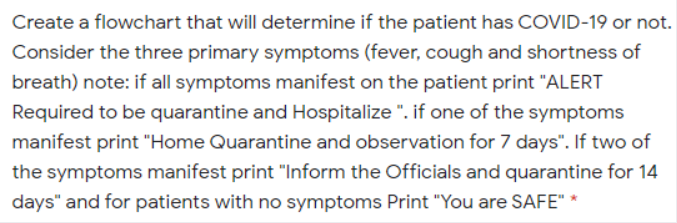 Create a flowchart that will determine if the patient has COVID-19 or not.
Consider the three primary symptoms (fever, cough and shortness of
breath) note: if all symptoms manifest on the patient print "ALERT
Required to be quarantine and Hospitalize ". if one of the symptoms
manifest print "Home Quarantine and observation for 7 days". If two of
the symptoms manifest print "Inform the Officials and quarantine for 14
days" and for patients with no symptoms Print "You are SAFE" *

