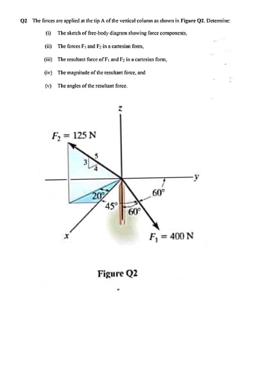 Q2 The forces are applied at the tip A of the vertical column as shown in Figure Q2. Determine:
(i) The sketch of free-body diagram showing force components,
(ii) The forces Fi and F2 in a cartesian form,
(iii) The resultant force of Fi and F2 in a cartesian form,
(iv) The magnitude of the resultant force, and
(v) The angles of the resultant force.
F = 125 N
45°
60
09
F, = 400 N
Figure Q2
