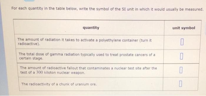 For each quantity in the table below, write the symbol of the SI unit in which it would usually be measured.
quantity
unit symbol
The amount of radiation it takes to activate a polyethylene container (turn it
radioactive).
The total dose of gamma radiation typically used to treat prostate cancers of a
certain stage.
The amount of radioactive fallout that contaminates a nuclear test site after the
test of a 300 kiloton nuclear weapon.
The radioactivity of a chunk of uranlum ore.
