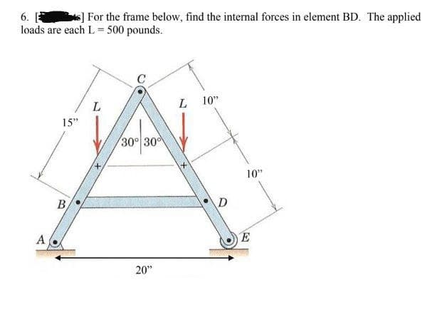 6.
] For the frame below, find the internal forces in element BD. The applied
loads are each L = 500 pounds.
L.
10"
15"
30° 30
10"
B
D
A
E
20"
