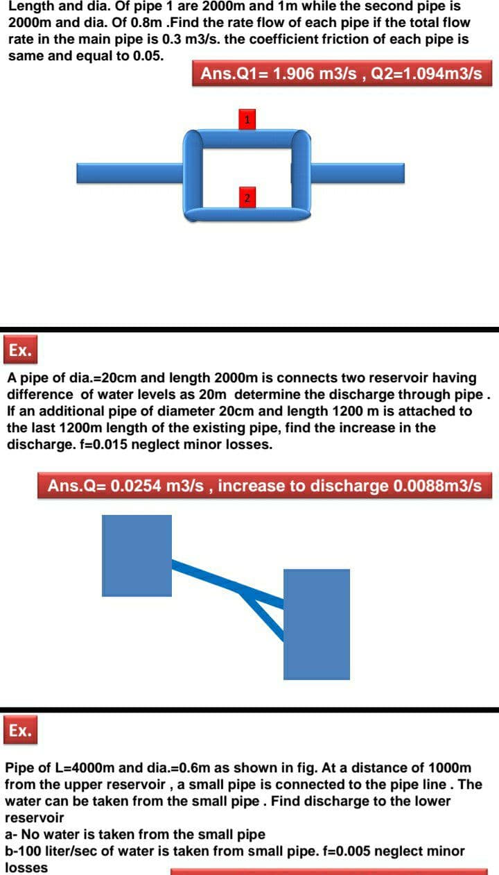 Length and dia. Of pipe 1 are 2000m and 1m while the second pipe is
2000m and dia. Of 0.8m .Find the rate flow of each pipe if the total flow
rate in the main pipe is 0.3 m3/s. the coefficient friction of each pipe is
same and equal to 0.05.
Ans.Q1= 1.906 m3/s , Q2=1.094m3/s
Ex.
A pipe of dia.=20cm and length 2000m is connects two reservoir having
difference of water levels as 20m determine the discharge through pipe.
If an additional pipe of diameter 20cm and length 1200 m is attached to
the last 1200m length of the existing pipe, find the increase in the
discharge. f=0.015 neglect minor losses.
Ans.Q= 0.0254 m3/s , increase to discharge 0.0088m3/s
Ex.
Pipe of L=4000m and dia.=0.6m as shown in fig. At a distance of 1000m
from the upper reservoir , a small pipe is connected to the pipe line. The
water can be taken from the small pipe. Find discharge to the lower
reservoir
a- No water is taken from the small pipe
b-100 liter/sec of water is taken from small pipe. f30.005 neglect minor
losses
