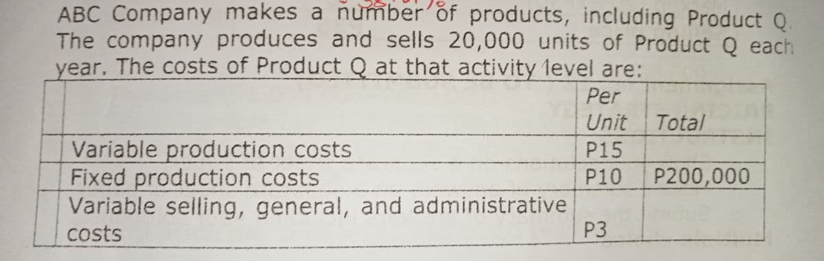 ABC Company makes a number'ðf products, including Product 0
The company produces and sells 20,000 units of Product O each
year. The costs of Product Q at that activity level are:
Per
Unit
Total
Variable production costs
Fixed production costs
Variable selling, general, and administrative
P15
P10
P200,000
costs
P3
