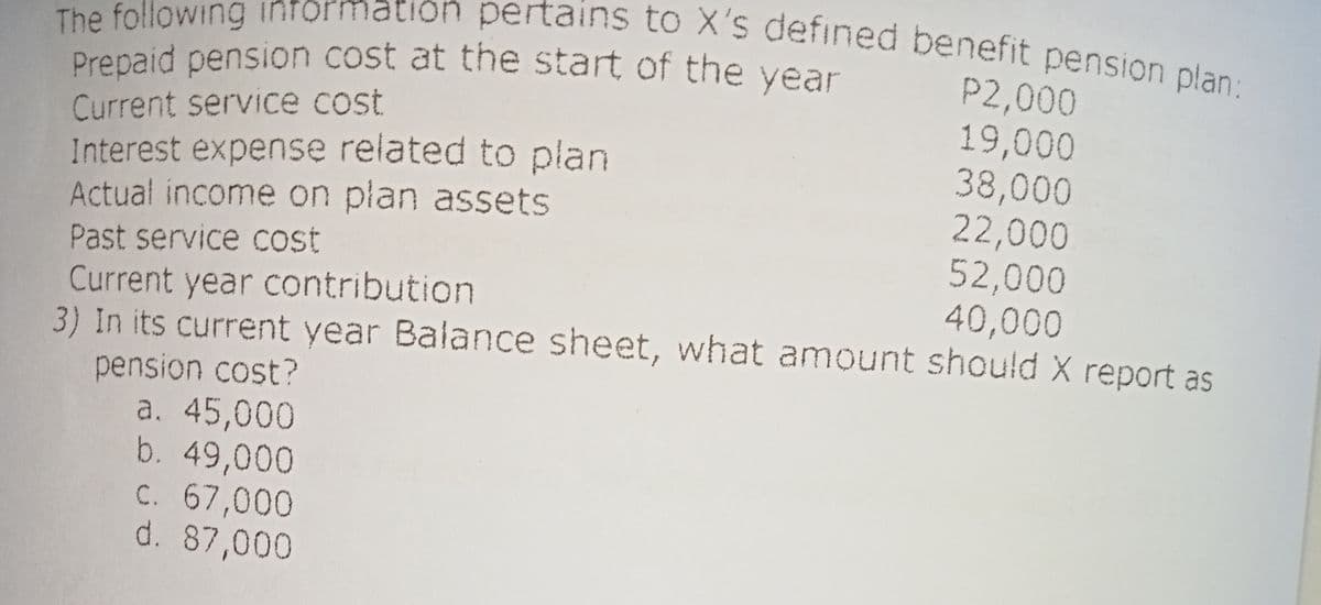 The following information pertains to X's defined benefit pension plan:
Prepaid pension cost at the start of the year
Current service cost
Interest expense related to plan
Actual income on plan assets
P2,000
19,000
38,000
22,000
52,000
40,000
Past service cost
Current year contribution
3) In its current year Balance sheet, what amount should X report as
pension cost?
a. 45,000
b. 49,000
C. 67,000
d. 87,000
