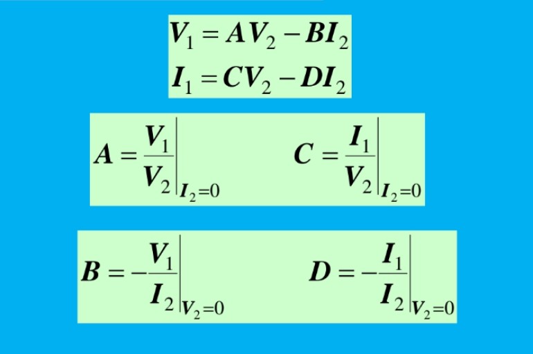 A =
B
V₁ = AV₂-BI₂
I₁=CV₂-DI₂
C=
V₁
√₂\1₂=0
V₂₁
12 √₂=0
1₁
V₂
D=
1₂=0
1₁
I
12\v₂=0