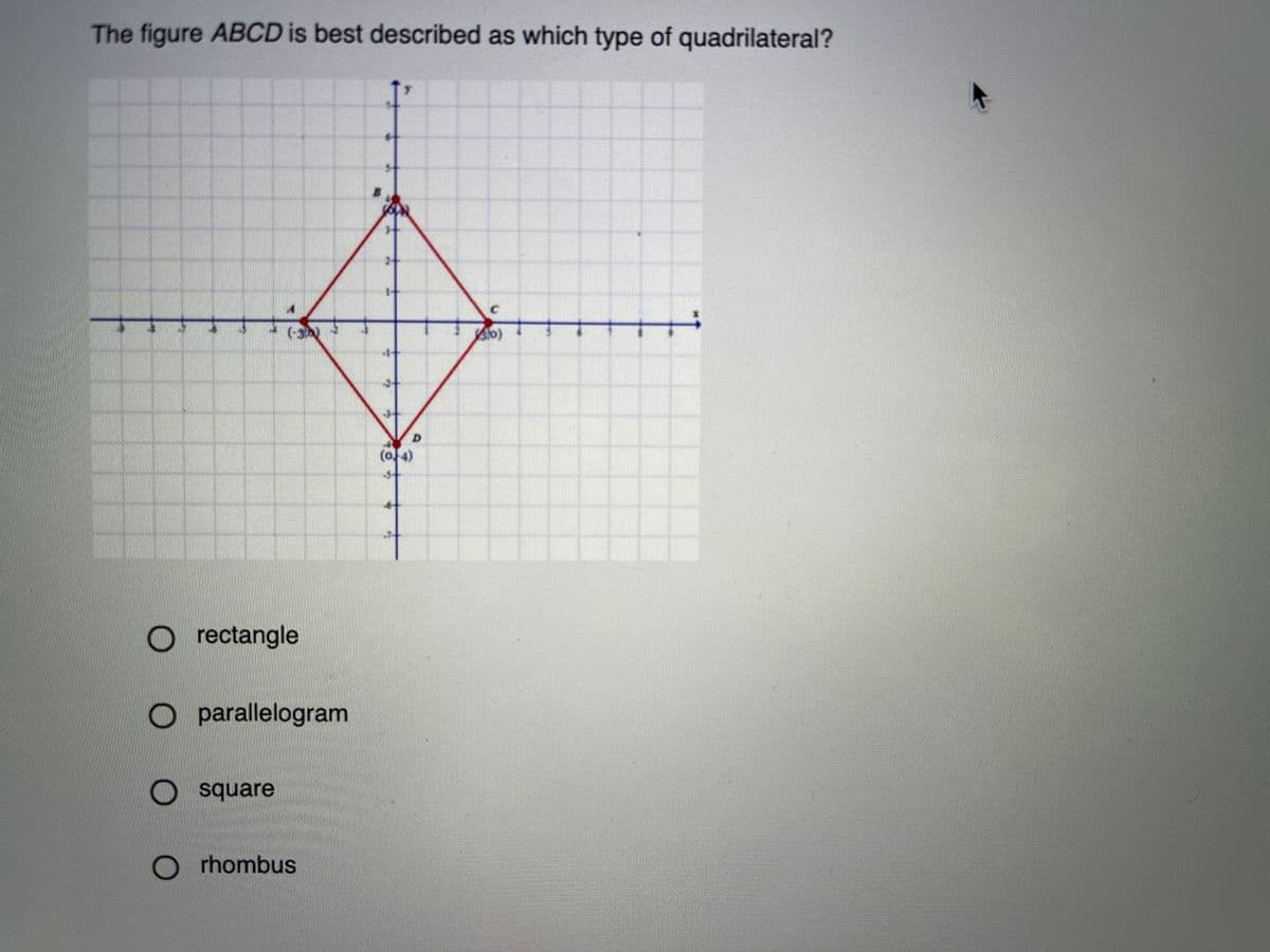 The figure ABCD is best described as which type of quadrilateral?
D.
(of4)
O rectangle
O parallelogram
square
rhombus
