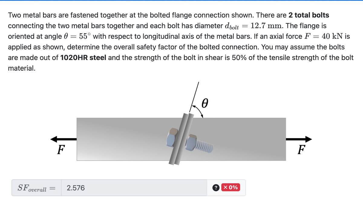 Two metal bars are fastened together at the bolted flange connection shown. There are 2 total bolts
12.7 mm. The flange is
-
connecting the two metal bars together and each bolt has diameter dbolt
oriented at angle 55° with respect to longitudinal axis of the metal bars. If an axial force F = 40 kN is
applied as shown, determine the overall safety factor of the bolted connection. You may assume the bolts
are made out of 1020HR steel and the strength of the bolt in shear is 50% of the tensile strength of the bolt
material.
SF overall
F
=
= 2.576
Ꮎ
?
X 0%
=
F