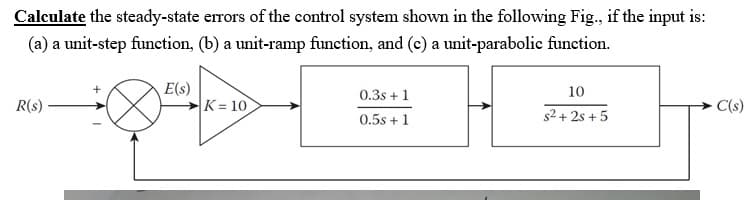 Calculate the steady-state errors of the control system shown in the following Fig., if the input is:
(a) a unit-step function, (b) a unit-ramp function, and (c) a unit-parabolic function.
E(S)
0.3s +1
10
R(s)
K=10]
·C(s)
s²+2s+5
0.5s +1