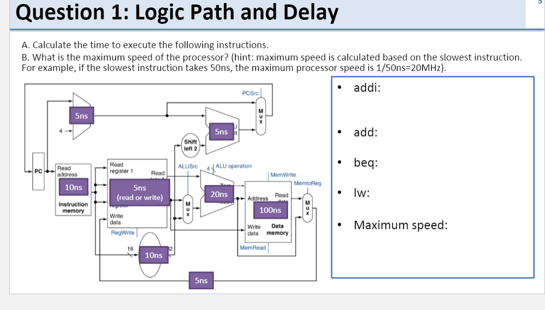 Question 1: Logic Path and Delay
A. Calculate the time to execute the following instructions.
B. What is the maximum speed of the processor? (hint: maximum speed is calculated based on the slowest instruction.
For example, if the slowest instruction takes 50ns, the maximum processor speed is 1/50ns=20MHZ).
addi:
PCSro
5ns
5ns
add:
Shift
left 2
Read
register 1
beq:
ALUSrc
ALU operation
Read
address
PC
Read
| MemWrite
MemtoReg
10ns
5ns
20ns
lw:
Read
(read or write)
Address
Instruction
memory
100ns
Write
data
Maximum speed:
Data
RegWrite
Write
data
memory
16
MemRead
10ns
5ns

