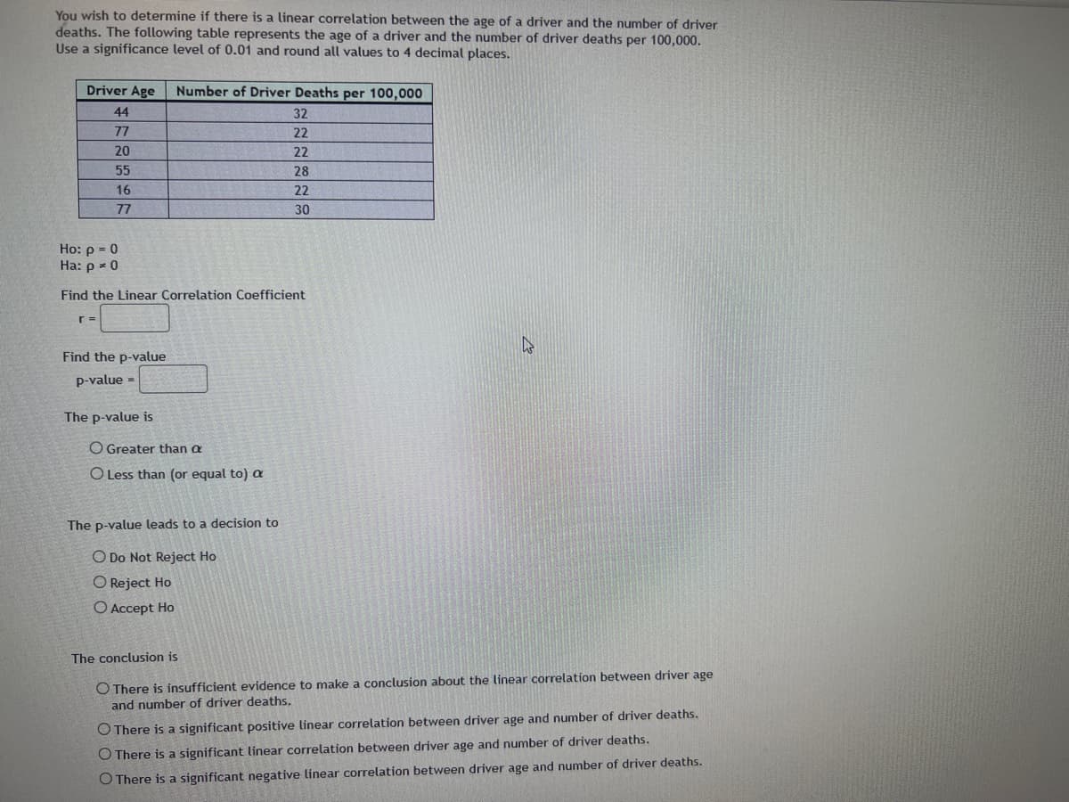 You wish to determine if there is a linear correlation between the age of a driver and the number of driver
deaths. The following table represents the age of a driver and the number of driver deaths per 100,000.
Use a significance level of 0.01 and round all values to 4 decimal places.
Driver Age
44
77
20
55
16
77
r =
Ho: p = 0
Ha: p = 0
Find the Linear Correlation Coefficient
Find the p-value
p-value =
Number of Driver Deaths per 100,000
32
22
The p-value is
O Greater than a
O Less than (or equal to) a
22
28
22
30
The p-value leads to a decision to
O Do Not Reject Ho
O Reject Ho
Accept Ho
W
The conclusion is
O There is insufficient evidence to make a conclusion about the linear correlation between driver age
and number of driver deaths.
There is a significant positive linear correlation between driver age and number of driver deaths.
O There is a significant linear correlation between driver age and number of driver deaths.
O There is a significant negative linear correlation between driver age and number of driver deaths.