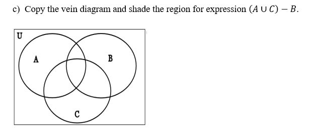 c) Copy the vein diagram and shade the region for expression (A U C) – B.
U
A
В
C
