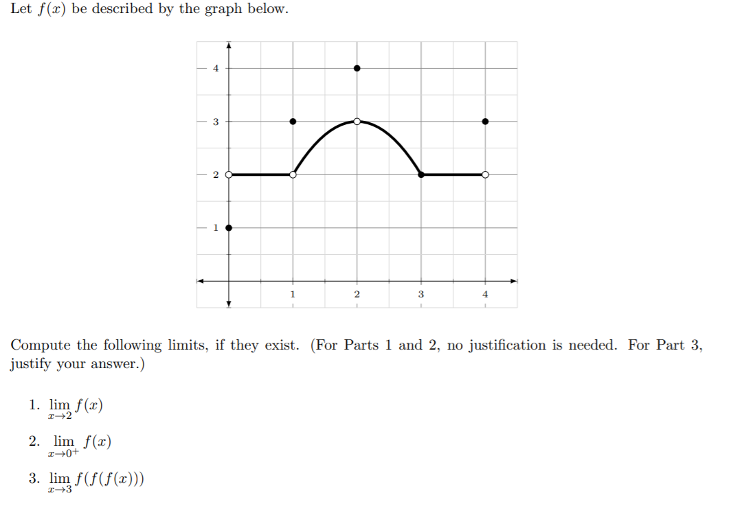 Let f(x) be described by the graph below.
1
2
3
4
Compute the following limits, if they exist. (For Parts 1 and 2, no justification is needed. For Part 3,
justify your answer.)
1. lim f(x)
I→2
2. lim f(x)
3. lim f(f(f(x)))
