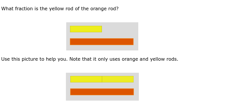What fraction is the yellow rod of the orange rod?
Use this picture to help you. Note that it only uses orange and yellow rods.