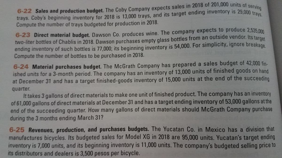 6-22 Sales and production budget. The Coby Company expects sales in 2018 of 201,000 units of serving
trays. Coby's beginning inventory for 2018 is 13,000 trays, and its target ending inventory is 29,000 trays.
trays. Coby's beginning inventory for 2018 is 13,000 trays, and its target ending inventory is 29,000 trav
Compute the number of trays budgeted for production in 2018.
6-23 Direct material budget. Dawson Co. produces wine. The company expects to produce 2,535,000
two-liter bottles of Chablis in 2018. Dawson purchases empty glass bottles from an outside vendor. Its target
ending inventory of such bottles is 77,000; its beginning inventory is 54,000. For simplicity, ignore breakage.
Compute the number of bottles to be purchased in 2018.
6-24 Material purchases budget. The McGrath Company has prepared a sales budget of 42,000 fin-
ished units for a 3-month period. The company has an inventory of 13,000 units of finished goods on hand
at December 31 and has a target finished-goods inventory of 15,000 units at the end of the succeeding
quarter.
It takes 3 gallons of direct materials to make one unit of finished product. The company has an inventory
of 61,000 gallons of direct materials at December 31 and has a target ending inventory of 53,000 gallons at the
end of the succeeding quarter. How many gallons of direct materials should McGrath Company purchase
during the 3 months ending March 31?
6-25 Revenues, production, and purchases budgets. The Yucatan Co. in Mexico has a division that
manufactures bicycles. Its budgeted sales for Model XG in 2018 are 95,000 units. Yucatan's target ending
inventory is 7,000 units, and its beginning inventory is 11,000 units. The company's budgeted selling price to
its distributors and dealers is 3,500 pesos per bicycle.
