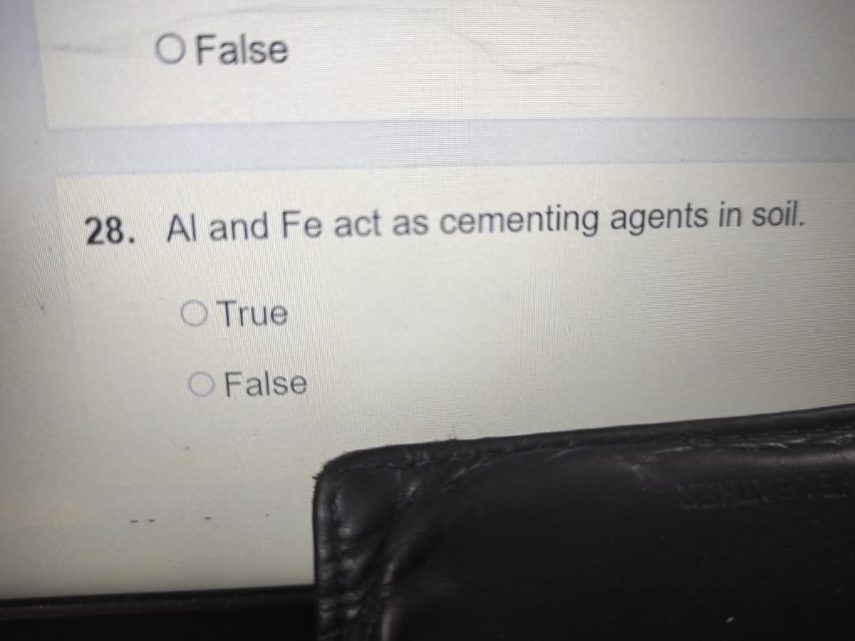 O False
28. Al and Fe act as cementing agents in soil.
O True
O False
